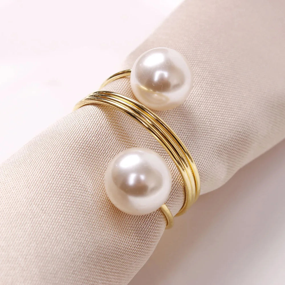PearlLuxe Buckle – Metal Napkin Rings with Imitation Pearls (Set of 6)