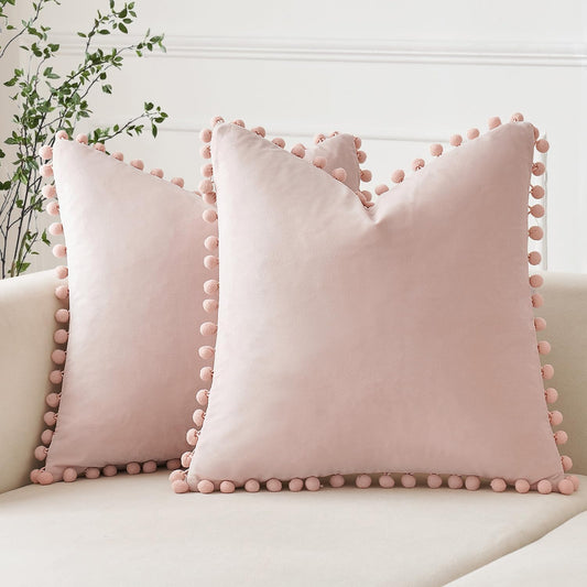Pack of 2 Velvet Throw Pillow Covers Pompom Decorative Pillowcases Solid Soft Cushion Covers with Poms Square for Couch Living Room Sofa Bedroom Car 18X18Inch 45X45Cm Pink