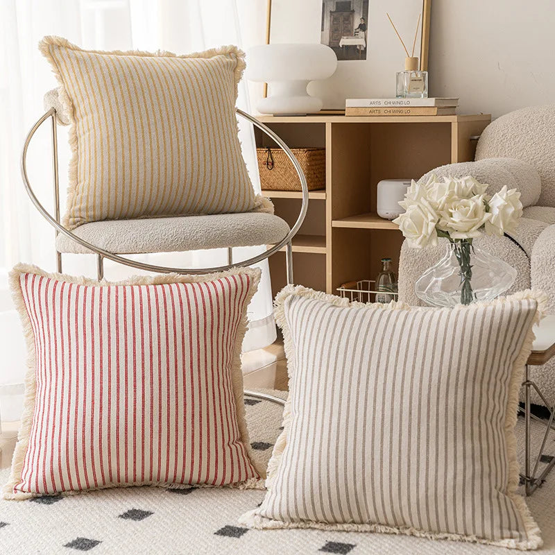 StriaTass™ Yarn-Dyed Jacquard Striped Cotton Linen Pillow Cover with Fringe