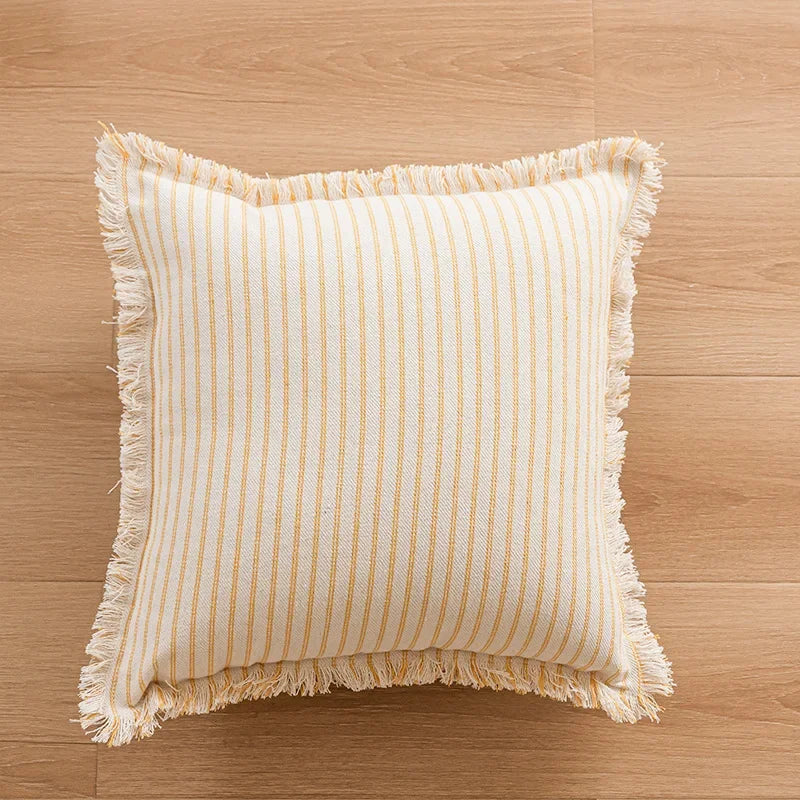 StriaTass™ Yarn-Dyed Jacquard Striped Cotton Linen Pillow Cover with Fringe