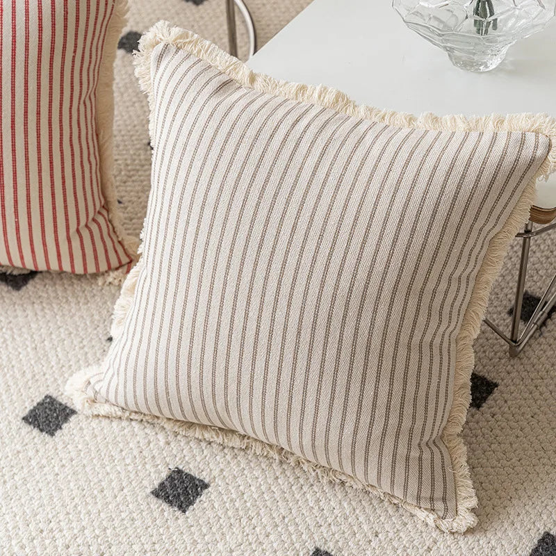 StriaTass™ Yarn-Dyed Jacquard Striped Cotton Linen Pillow Cover with Fringe