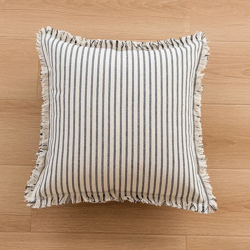 StriaTass™ Yarn-Dyed Jacquard Striped Cotton Linen Pillow Cover with Fringe