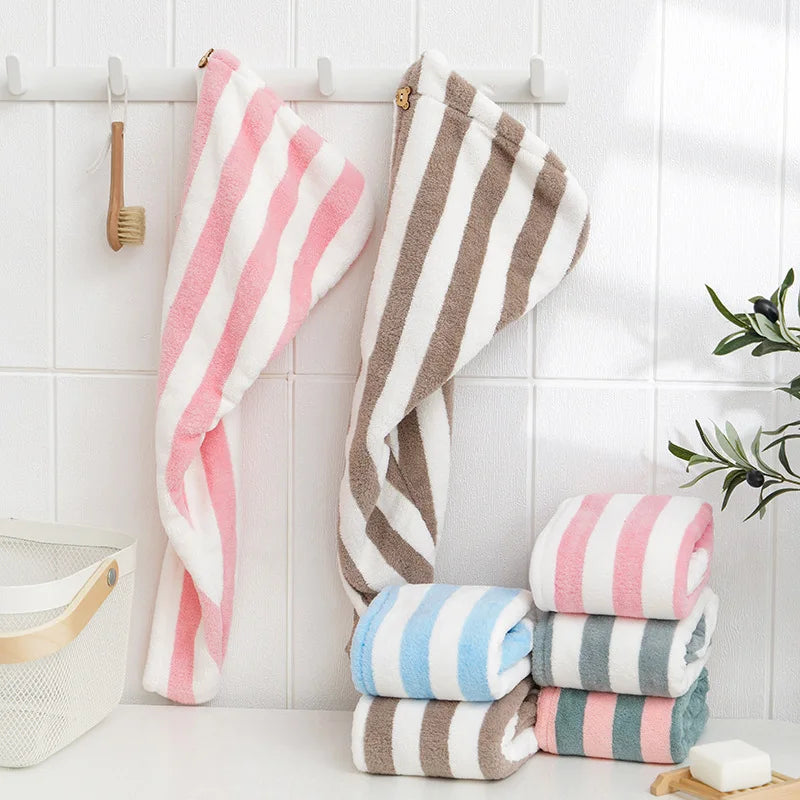 StripeSoft Coral Velvet Hair Towel Wrap