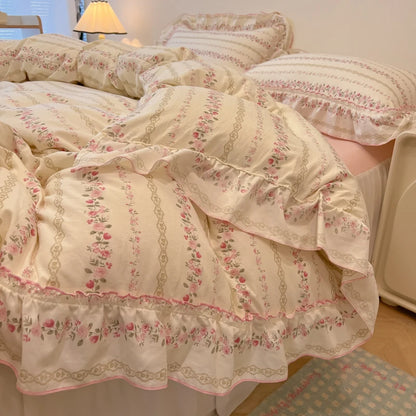 Rosabelle™ Princess Style Floral Ruffle Quilt Cover Set – 4 Pcs Microfiber Bedding