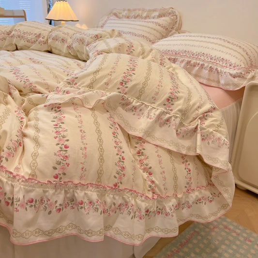 Rosabelle™ Princess Style Floral Ruffle Quilt Cover Set – 4 Pcs Microfiber Bedding
