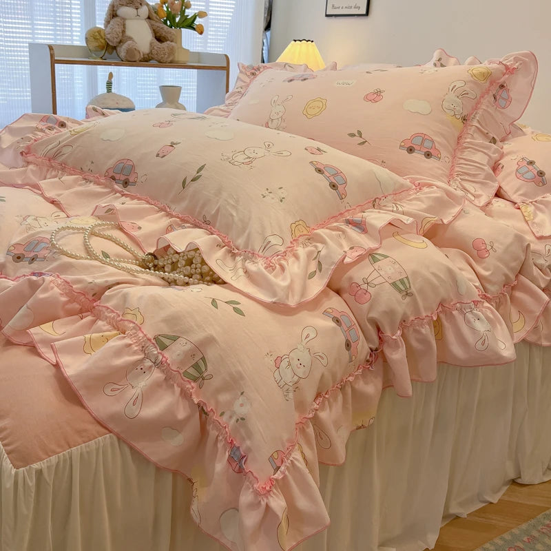 Rosabelle™ Princess Style Floral Ruffle Quilt Cover Set – 4 Pcs Microfiber Bedding