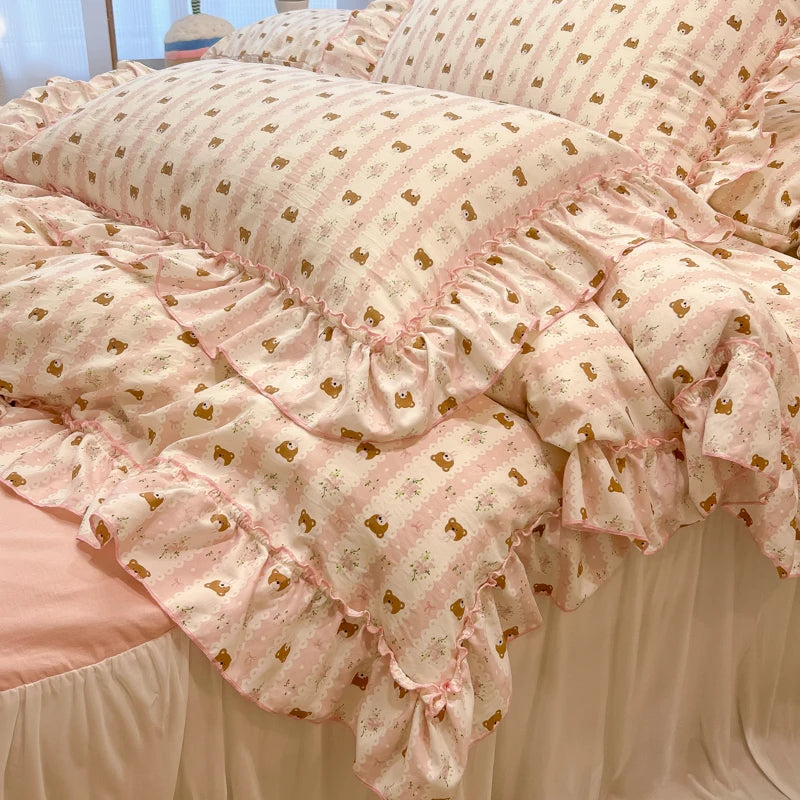 Rosabelle™ Princess Style Floral Ruffle Quilt Cover Set – 4 Pcs Microfiber Bedding