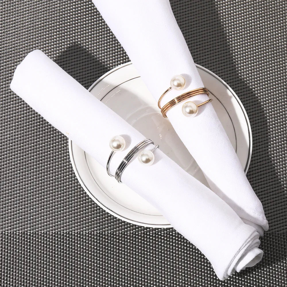 PearlLuxe Buckle – Metal Napkin Rings with Imitation Pearls (Set of 6)