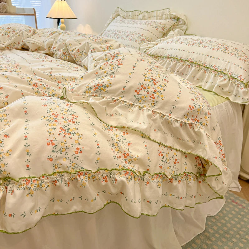 Rosabelle™ Princess Style Floral Ruffle Quilt Cover Set – 4 Pcs Microfiber Bedding