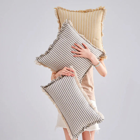 StriaTass™ Yarn-Dyed Jacquard Striped Cotton Linen Pillow Cover with Fringe