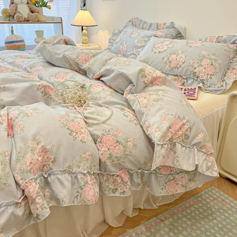 Rosabelle™ Princess Style Floral Ruffle Quilt Cover Set – 4 Pcs Microfiber Bedding