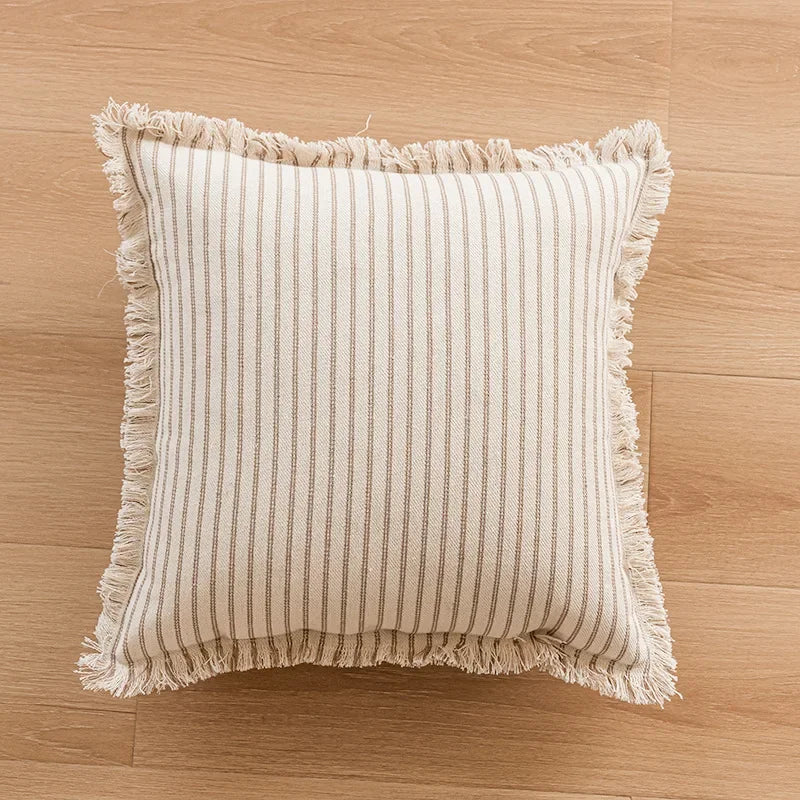 StriaTass™ Yarn-Dyed Jacquard Striped Cotton Linen Pillow Cover with Fringe