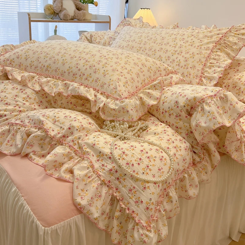 Rosabelle™ Princess Style Floral Ruffle Quilt Cover Set – 4 Pcs Microfiber Bedding