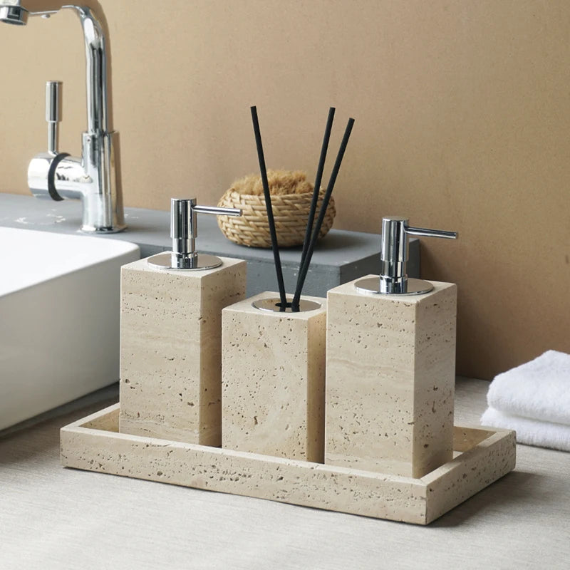 TerraStone Beige Travertine Bathroom Accessories Set
