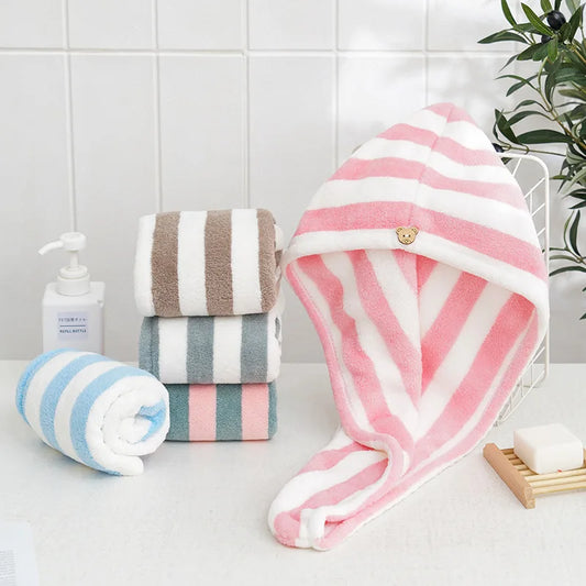 StripeSoft Coral Velvet Hair Towel Wrap
