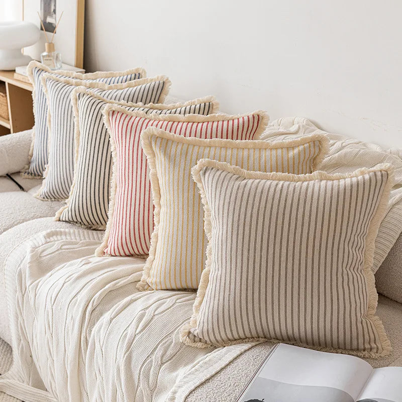 StriaTass™ Yarn-Dyed Jacquard Striped Cotton Linen Pillow Cover with Fringe