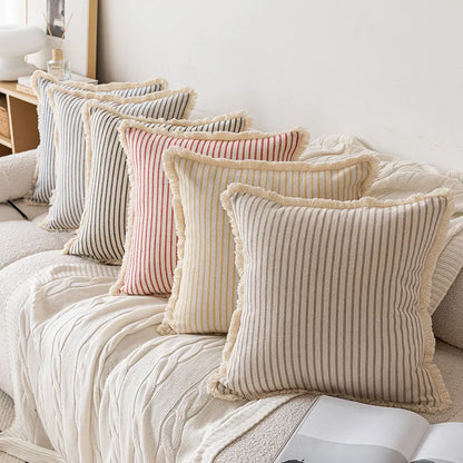 StriaTass™ Yarn-Dyed Jacquard Striped Cotton Linen Pillow Cover with Fringe