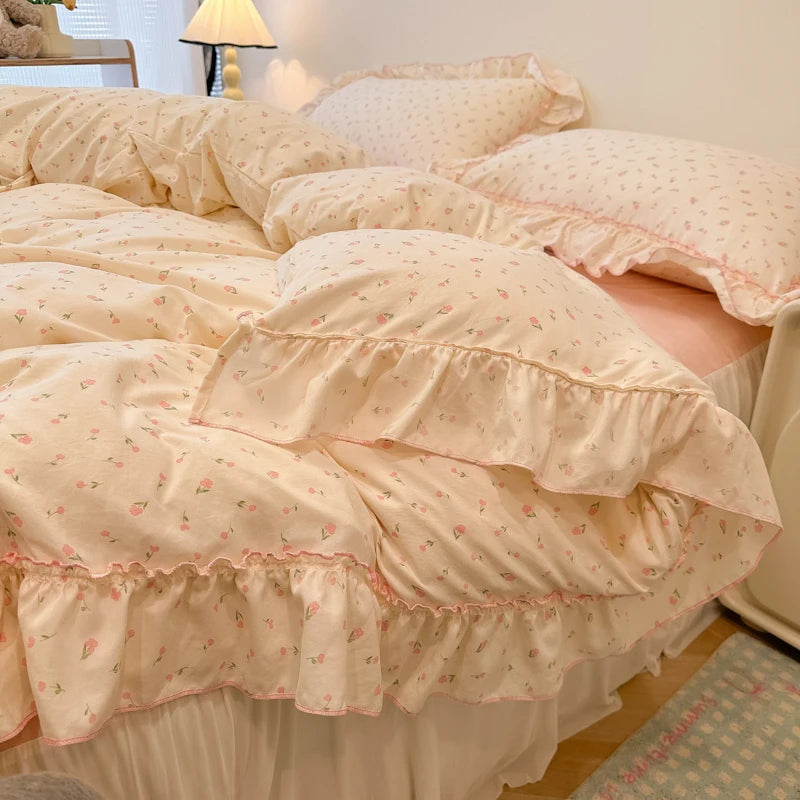 Rosabelle™ Princess Style Floral Ruffle Quilt Cover Set – 4 Pcs Microfiber Bedding