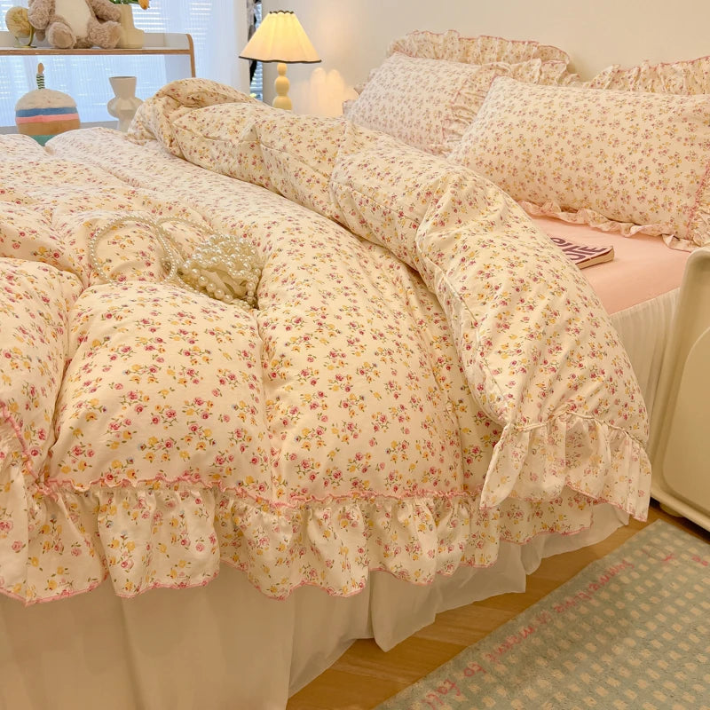 Rosabelle™ Princess Style Floral Ruffle Quilt Cover Set – 4 Pcs Microfiber Bedding