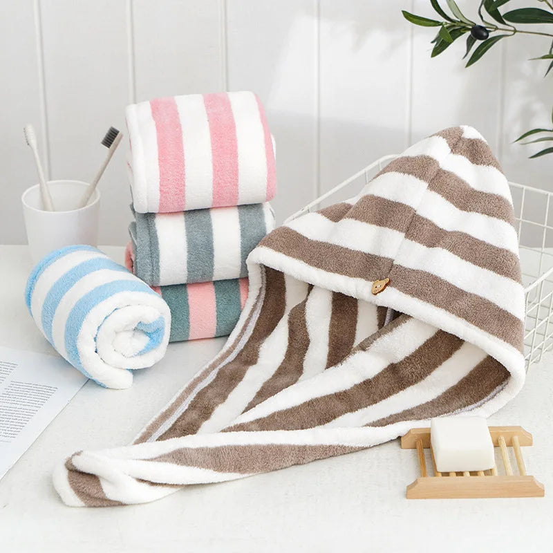 StripeSoft Coral Velvet Hair Towel Wrap