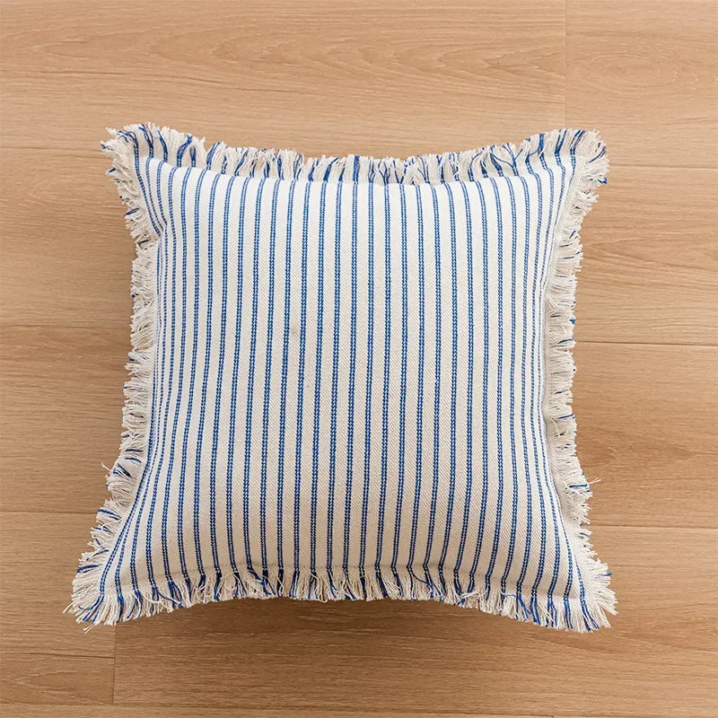 StriaTass™ Yarn-Dyed Jacquard Striped Cotton Linen Pillow Cover with Fringe