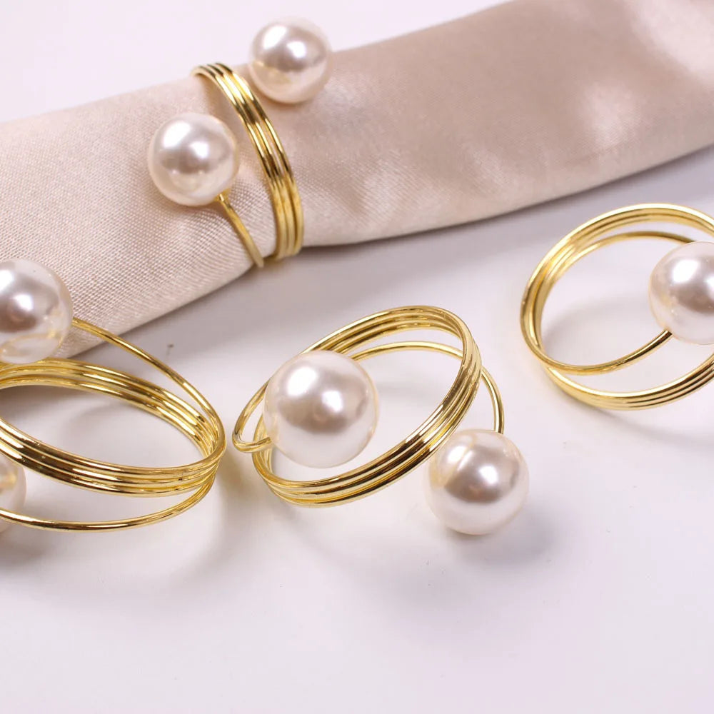 PearlLuxe Buckle – Metal Napkin Rings with Imitation Pearls (Set of 6)