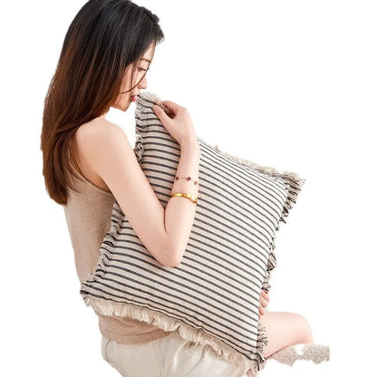 StriaTass™ Yarn-Dyed Jacquard Striped Cotton Linen Pillow Cover with Fringe
