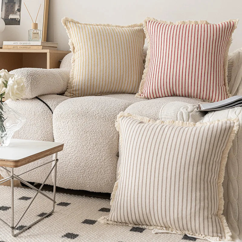 StriaTass™ Yarn-Dyed Jacquard Striped Cotton Linen Pillow Cover with Fringe