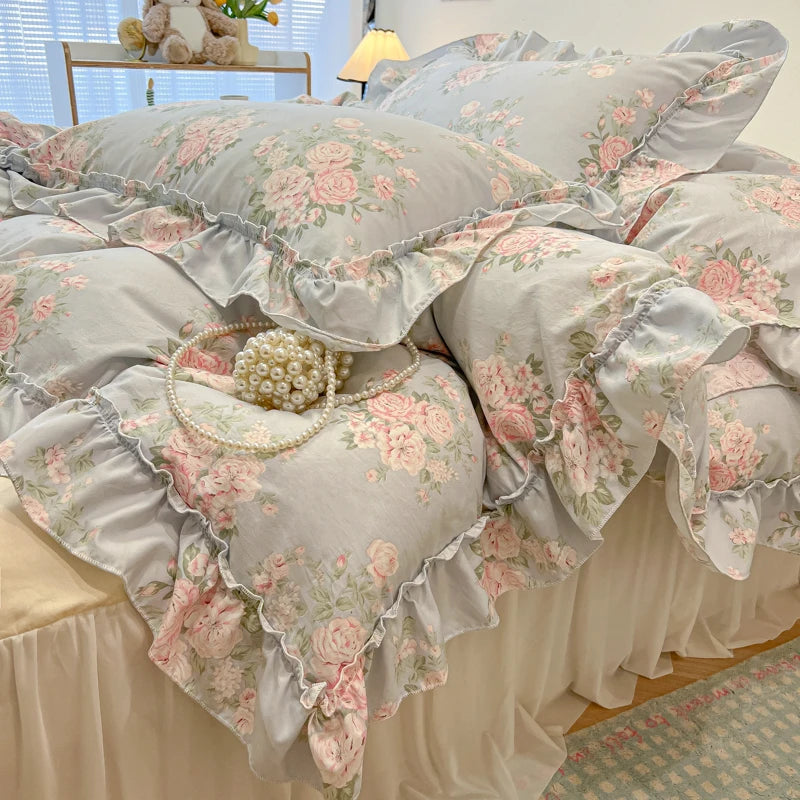 Rosabelle™ Princess Style Floral Ruffle Quilt Cover Set – 4 Pcs Microfiber Bedding