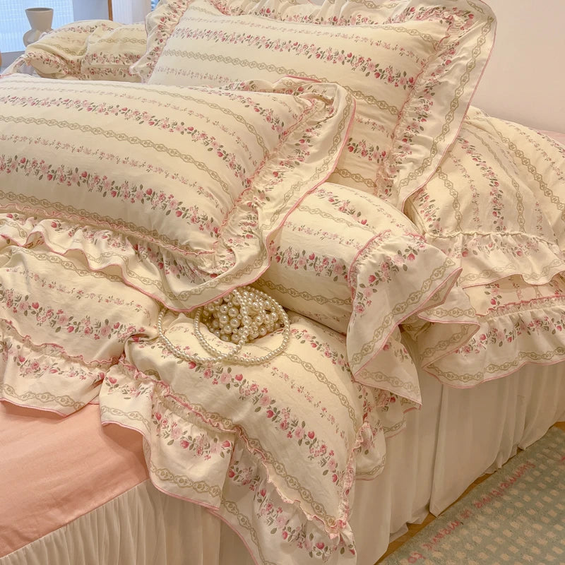 Rosabelle™ Princess Style Floral Ruffle Quilt Cover Set – 4 Pcs Microfiber Bedding