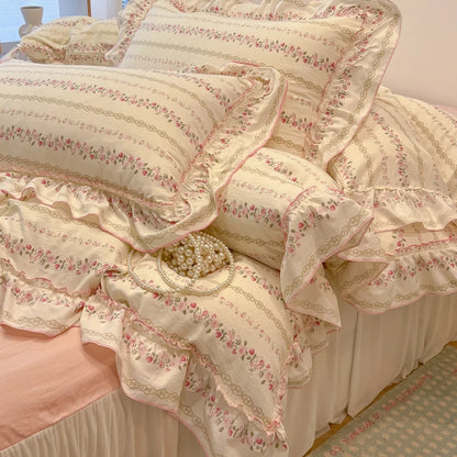 Rosabelle™ Princess Style Floral Ruffle Quilt Cover Set – 4 Pcs Microfiber Bedding